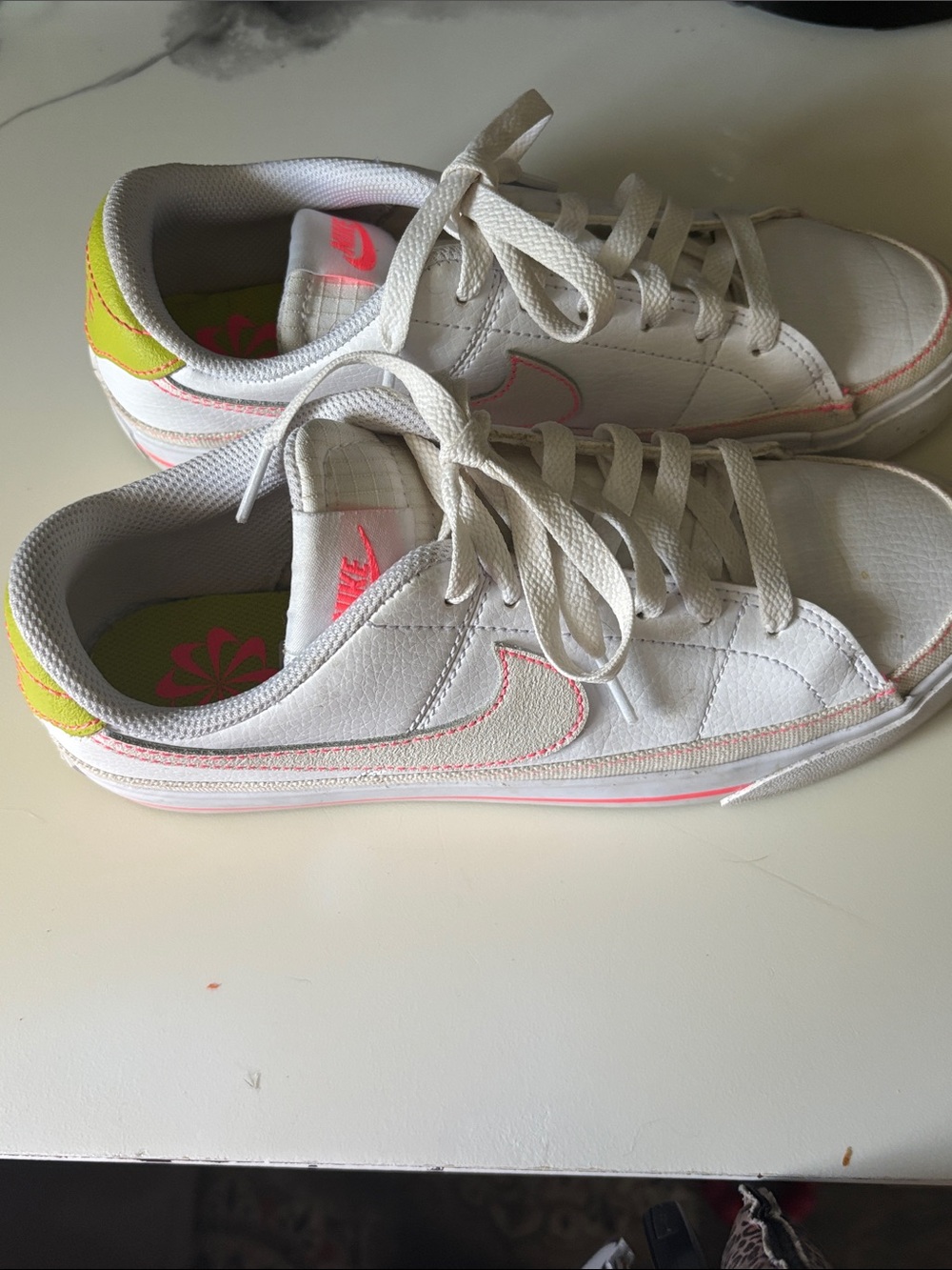 Size 6.5 Nike White Sneakers with Neon Pink & Yellow/Green Accents